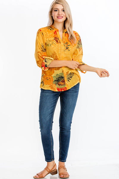 Tunic - Floral Printed Tunic with Embroidery and Vintage Wash Ochre - Girl Intuitive - Magazine Clothing -