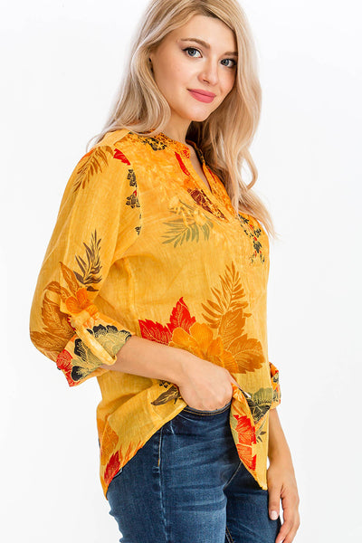 Tunic - Floral Printed Tunic with Embroidery and Vintage Wash Ochre - Girl Intuitive - Magazine Clothing -
