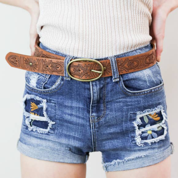 Belt - Floral Stitch Oval Buckle Belt - Girl Intuitive - Leto -