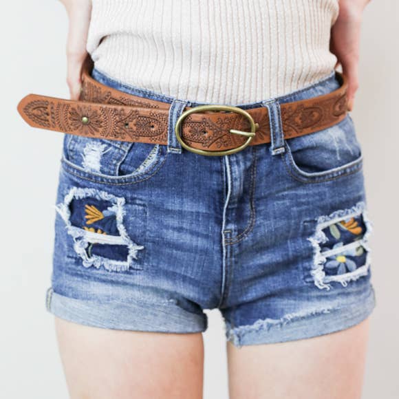 Belt - Floral Stitch Oval Buckle Belt - Girl Intuitive - Leto -