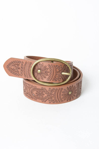 Belt - Floral Stitch Oval Buckle Belt - Girl Intuitive - Leto - Brown