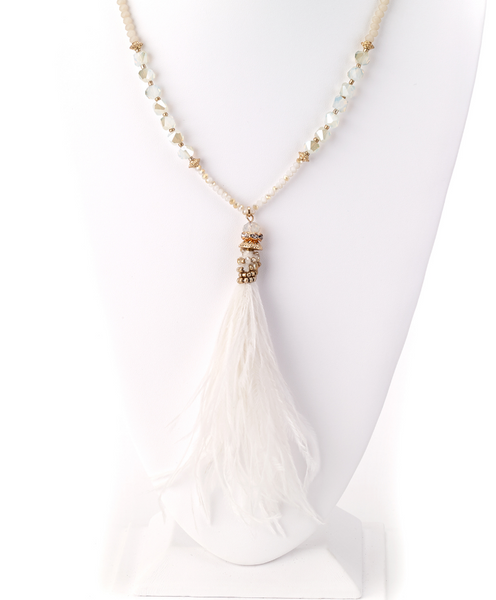 Necklace - Fluffy Feather Pendant Long Necklace - Girl Intuitive - Island Imports - White