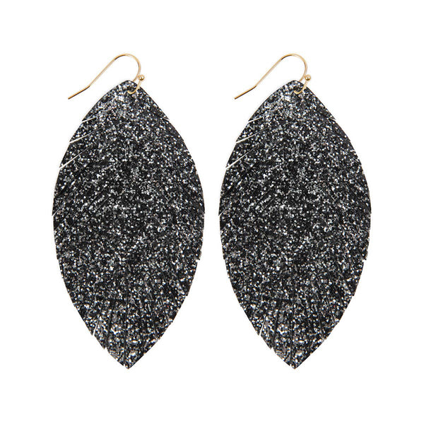 earrings - Glitter Leaf Drop Earrings - Girl Intuitive - MYS Wholesale Inc - 3" / Black