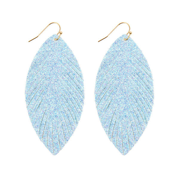 earrings - Glitter Leaf Drop Earrings - Girl Intuitive - MYS Wholesale Inc - 3" / Light Blue