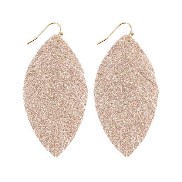 earrings - Glitter Leaf Drop Earrings - Girl Intuitive - MYS Wholesale Inc - 3" / Beige