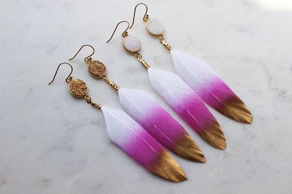 earrings - Gold Dipped Pink Druzy Feather Earrings - Girl Intuitive - LaaLee Jewelry -