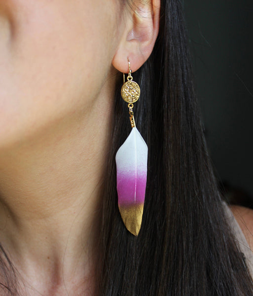 earrings - Gold Dipped Pink Druzy Feather Earrings - Girl Intuitive - LaaLee Jewelry -