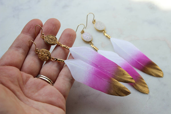 earrings - Gold Dipped Pink Druzy Feather Earrings - Girl Intuitive - LaaLee Jewelry -