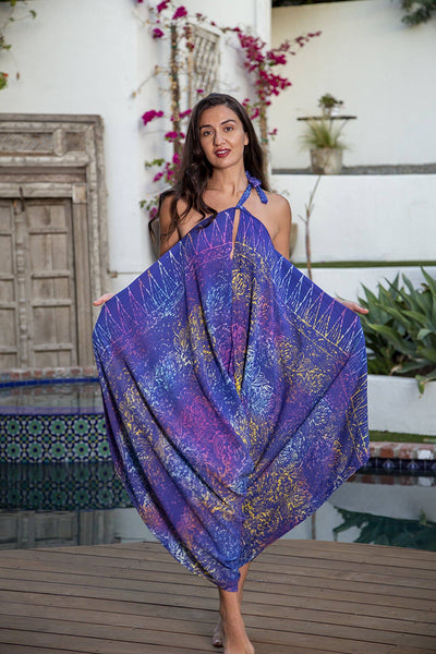 Jumpsuit - Gypsy Convertible Jumpsuit in Batik Periwinkle Rainbow Leaf - Girl Intuitive - Bali Prema -