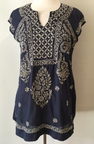 Tunic - Short Sleeve Embroidered Tunic Top - Girl Intuitive - Dolma - S / Navy