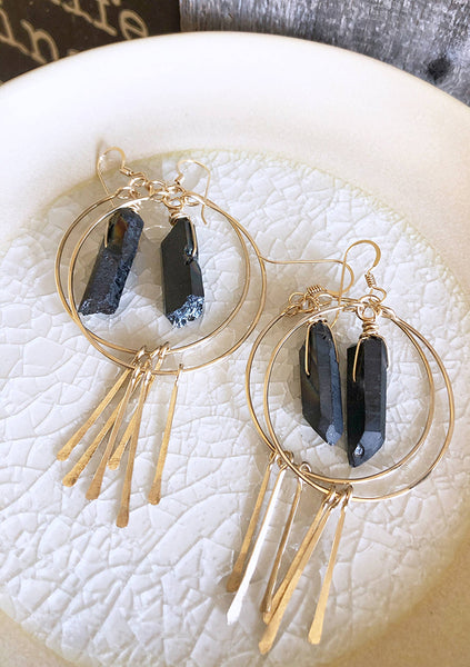 earrings - Large Quartz Crystal Hoop Earrings with Spikes - Girl Intuitive - Quinn Sharp - Black / 14k Gold