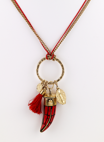 Necklace - Horn Chip and Charms Long Necklace - Red - Girl Intuitive - Island Imports -