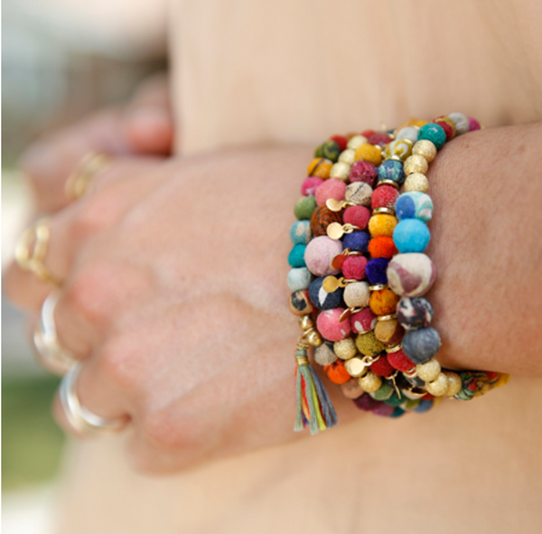 bracelet - Kantha Pom Pom Bracelet - Girl Intuitive - WorldFinds -