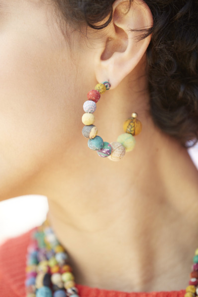 earrings - Kantha Conch Hoop Earrings - Girl Intuitive - WorldFinds -