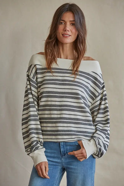 Top - Knit Striped Hacci Off the Shoulder Long Sleeve Top - Girl Intuitive - By Together -