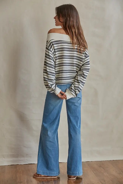 Top - Knit Striped Hacci Off the Shoulder Long Sleeve Top - Girl Intuitive - By Together -