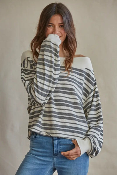 Top - Knit Striped Hacci Off the Shoulder Long Sleeve Top - Girl Intuitive - By Together -