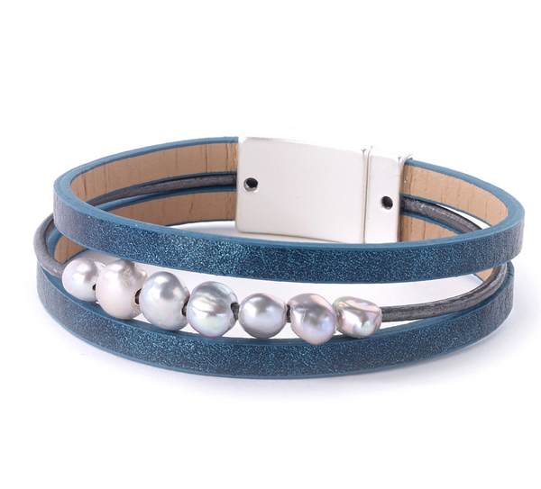 bracelet - Leather Bracelet with FreshWater Pearls - Girl Intuitive - Island Imports - Blue