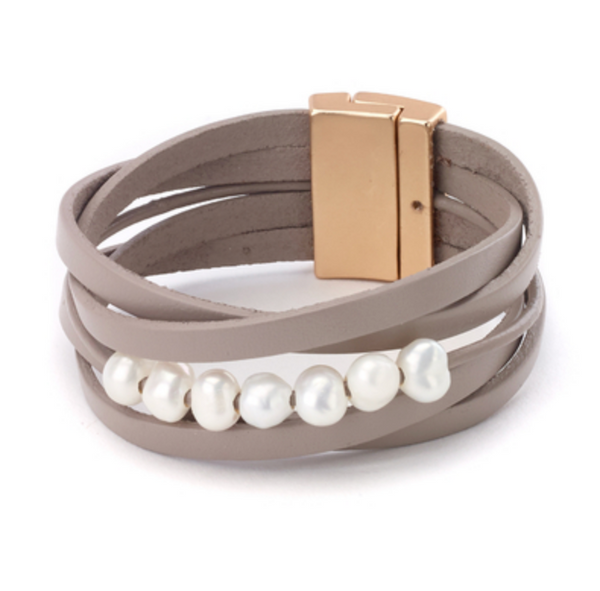bracelet - Leather Bracelet with Pearls - Girl Intuitive - Island Imports - Beige
