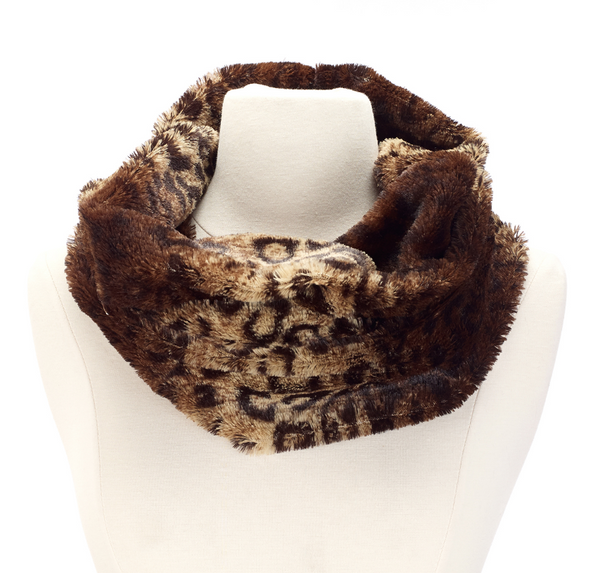 Scarves - Leopard Print Fur Infinity Scarf - Girl Intuitive - Island Imports - Brown