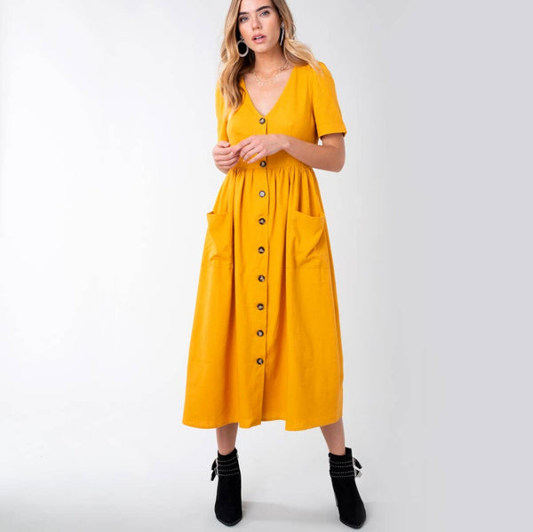 Dresses - Linen Button down Midi Dress with Pocket - Girl Intuitive - Avenue Zoe -