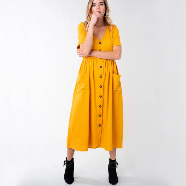 Dresses - Linen Button down Midi Dress with Pocket - Girl Intuitive - Avenue Zoe -