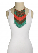 Necklace - Coral, Bronze, Teal Beaded Long Fringe Necklace - Girl Intuitive - zad -