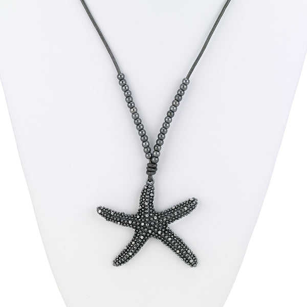 Necklace - Starfish Pendant Long Leather Neckalce - Girl Intuitive - Island Imports - Black