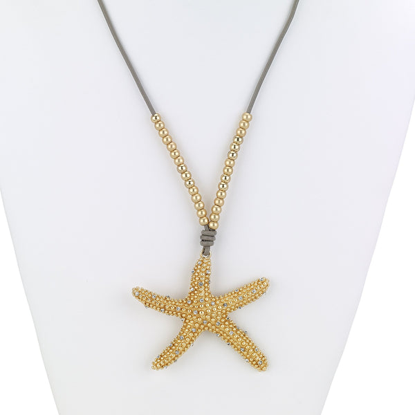 Necklace - Starfish Pendant Long Leather Neckalce - Girl Intuitive - Island Imports - Gold