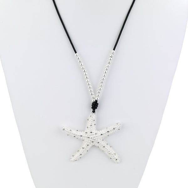 Necklace - Starfish Pendant Long Leather Neckalce - Girl Intuitive - Island Imports - Silver