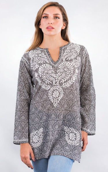 Tunic - Manali Embroidered Cotton Tunic Top - Girl Intuitive - Sevya - S / Black