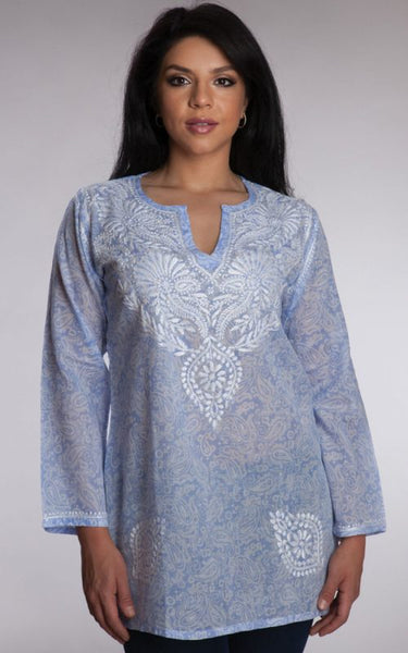 Tunic - Manali Embroidered Cotton Tunic Top - Girl Intuitive - Sevya - S / Blue