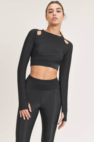 Top - Mono B Micro-Ribbed Long-Sleeved Active Cropped Top with Cutouts - Girl Intuitive - Mono B -