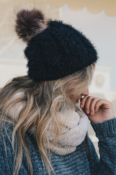 hat - Mohair Knit Pom Beanie - Girl Intuitive - Leto - One Size / Black