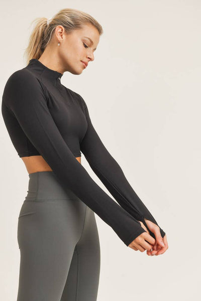 Top - Mono B GREEN High-Neck Cropped Active Top with Long Sleeves - Girl Intuitive - Mono B -