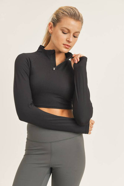Top - Mono B GREEN High-Neck Cropped Active Top with Long Sleeves - Girl Intuitive - Mono B -