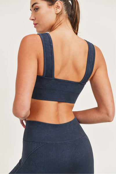 Mono B Spliced Mineral-Washed Seamless Ribbed Sports Bra