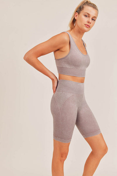 Mono B Spliced Mineral-Washed Seamless Ribbed Sports Bra