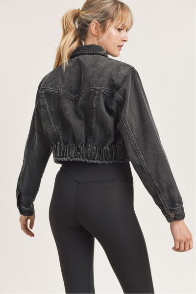 Mono B Cropped Denim Jacket with Tapered Sleeves and Shirred Hem