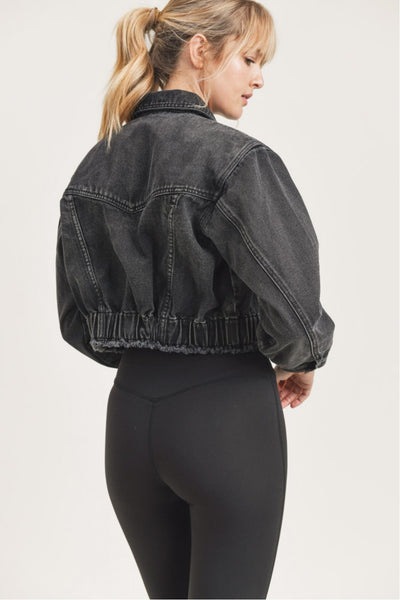 Mono B Cropped Denim Jacket with Tapered Sleeves and Shirred Hem