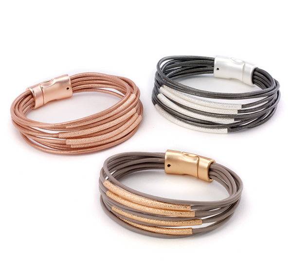 bracelet - Multi-Strand Leather Bracelet with Metal - Girl Intuitive - Island Imports -
