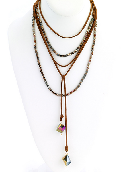 Necklace - Multi-Wrap Leather Necklace with Faceted Beads - Girl Intuitive - Island Imports - Brown