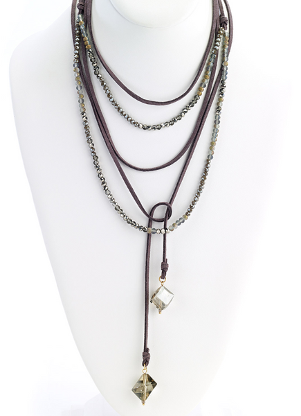 Necklace - Multi-Wrap Leather Necklace with Faceted Beads - Girl Intuitive - Island Imports - Gray