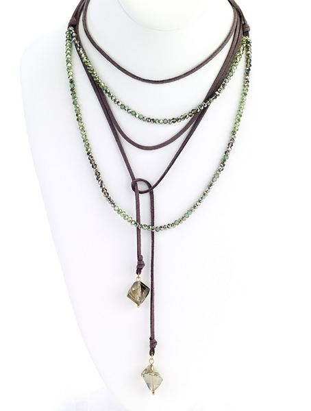 Necklace - Multi-Wrap Leather Necklace with Faceted Beads - Girl Intuitive - Island Imports - Green