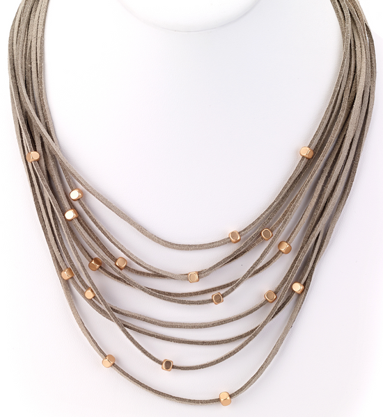 Necklace - Multi Strand Leather Necklace with Metal Beads - Girl Intuitive - Island Imports - Taupe