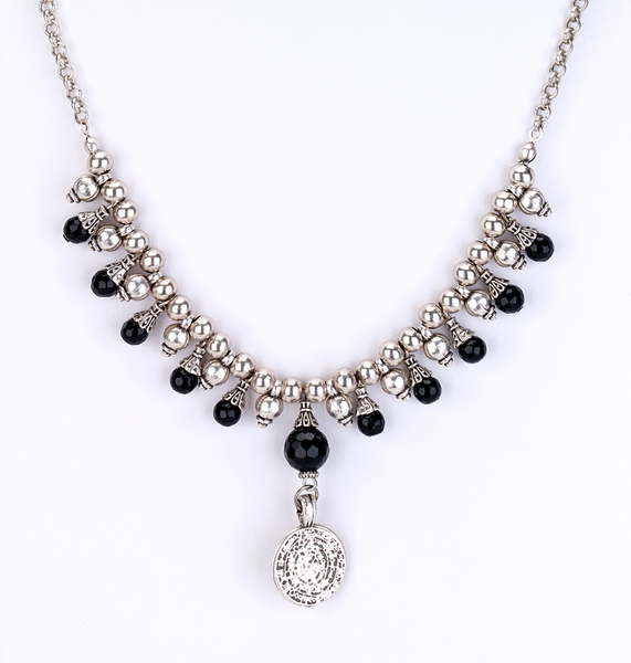 Necklace - Onyx Beaded Short Necklace with Coin Drop - Girl Intuitive - Island Imports -