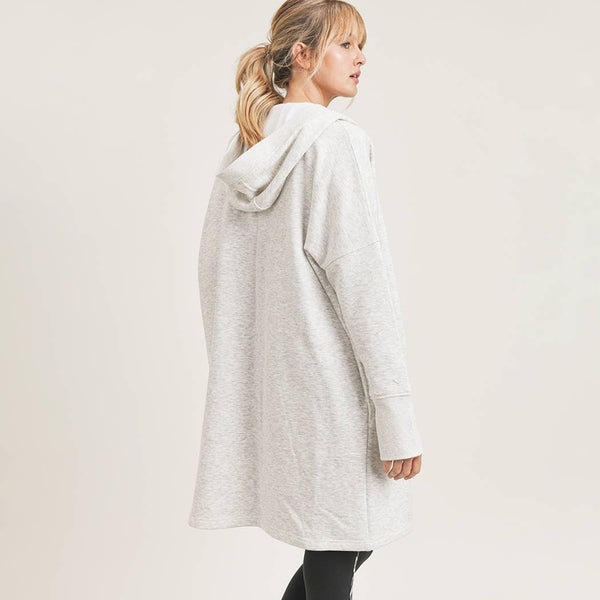 Sweater - Open Front Longline Hoodie Cardigan with Fleece Linining - Girl Intuitive - Mono B -