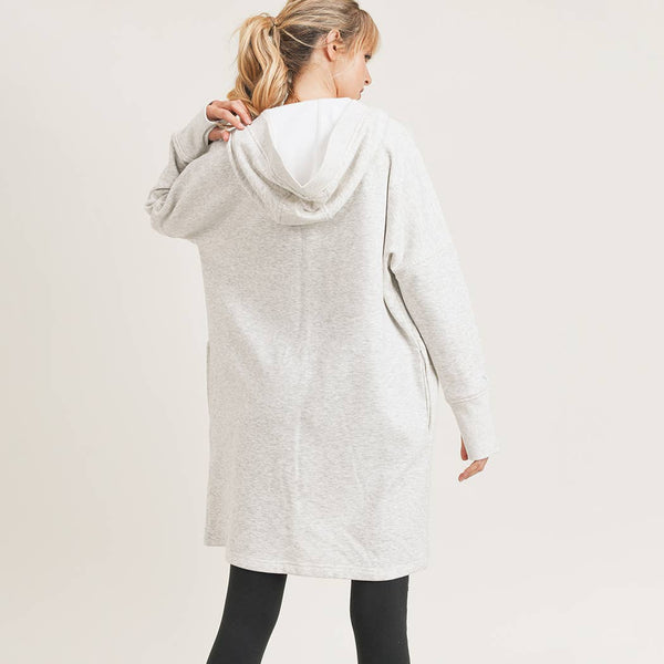 Sweater - Open Front Longline Hoodie Cardigan with Fleece Linining - Girl Intuitive - Mono B -