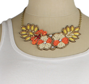 Necklace - Orange Bead Flower Bib Necklace - Girl Intuitive - zad -