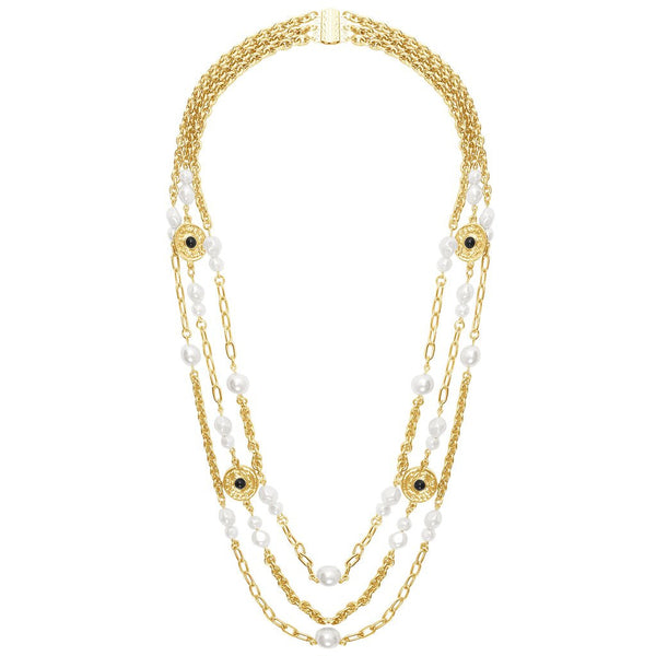 Karine Sultan Pearls and Coins Triple Strand Long Necklace – Girl Intuitive